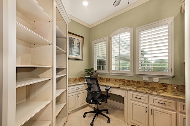 2220 Todville Rd, Seabrook, TX 77586 - office area with recessed lighting, built in desk, and ornamental molding