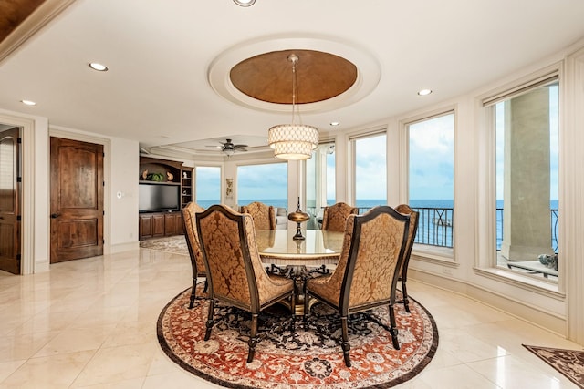 2220 Todville Rd, Seabrook, TX 77586 - dining room featuring recessed lighting, baseboards, a raised ceiling, and a ceiling fan