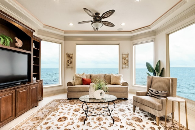 2220 Todville Rd, Seabrook, TX 77586 - living room featuring crown molding, a water view, a ceiling fan, and recessed lighting