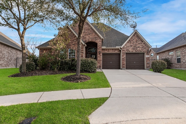 view of front of property with a front lawn, concrete driveway, an attached garage, a shingled roof, and brick siding