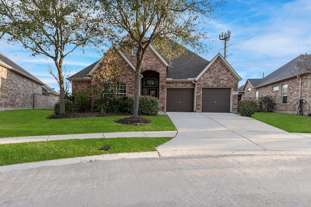 traditional home with fence, driveway, a front lawn, a garage, and brick siding