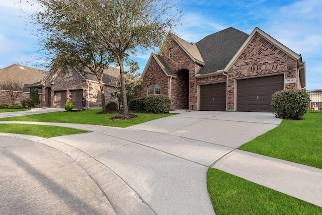 view of front facade with brick siding, a shingled roof, a front yard, a garage, and driveway