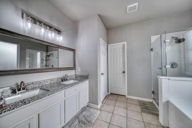 bathroom featuring a shower stall, visible vents, tile patterned floors, and a sink