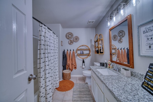 full bath with visible vents, baseboards, toilet, tile patterned floors, and vanity