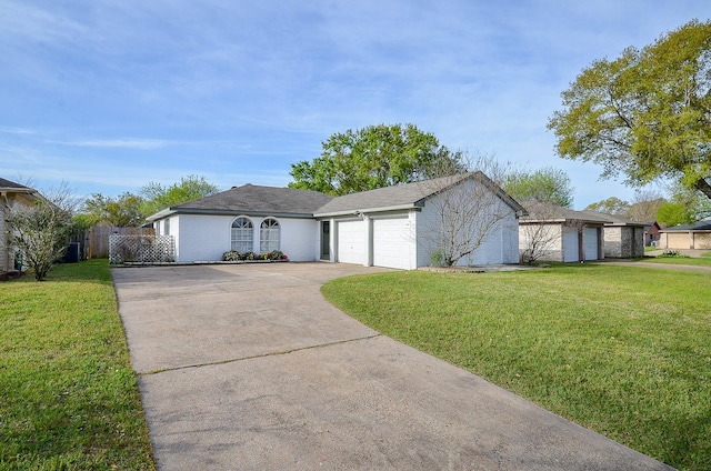5343 Linda Ln, Katy, TX 77493 - ranch-style house featuring a garage, concrete driveway, a front yard, and fence