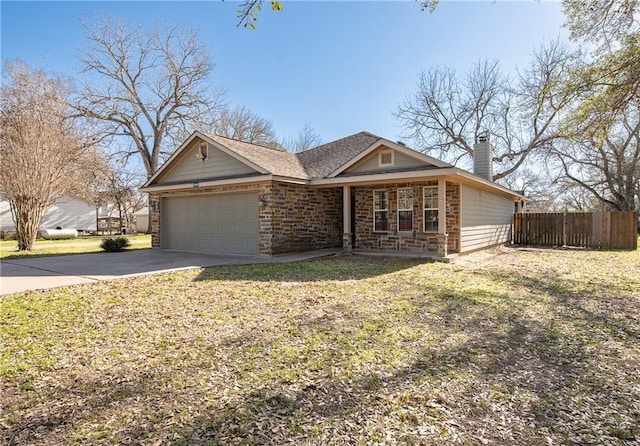 single story home featuring fence, a chimney, concrete driveway, a garage, and stone siding