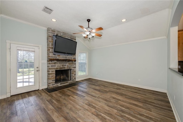 unfurnished living room with visible vents, baseboards, a ceiling fan, and wood finished floors