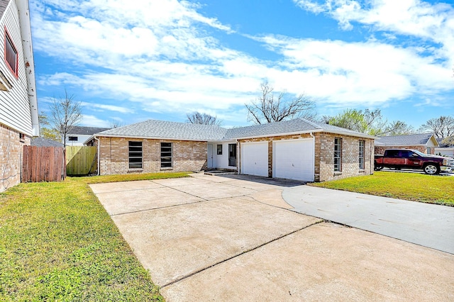 ranch-style home with brick siding, a garage, driveway, and a front lawn