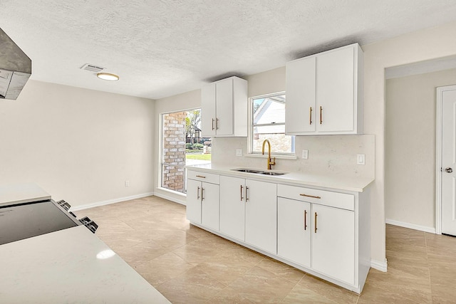 kitchen with light countertops, white cabinets, visible vents, and a sink