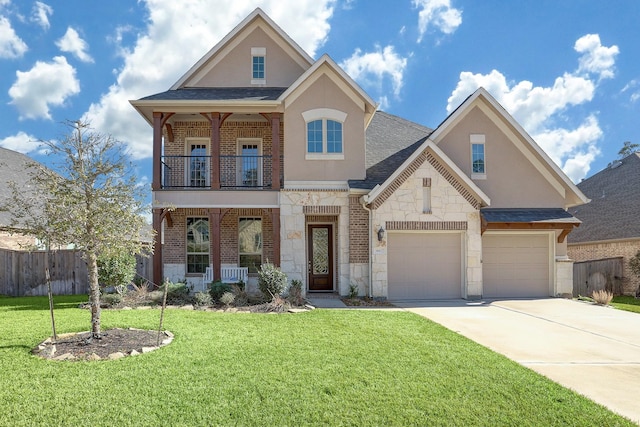 view of front of property featuring a front lawn, stone siding, fence, covered porch, and a balcony