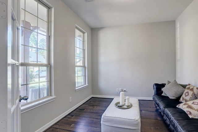 living room featuring baseboards and dark wood-type flooring