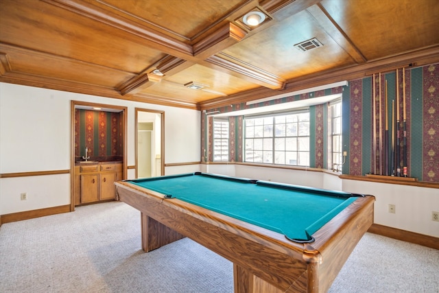 playroom featuring crown molding, baseboards, visible vents, and coffered ceiling