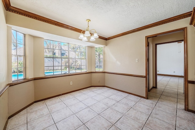 unfurnished room with an inviting chandelier, light tile patterned flooring, crown molding, and a textured ceiling