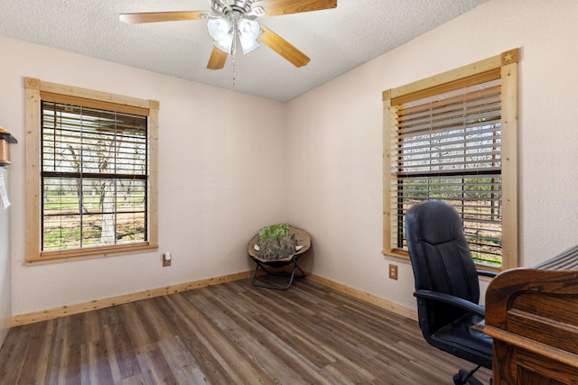 office with a wealth of natural light, a textured ceiling, ceiling fan, and wood finished floors