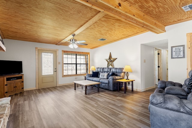 living room with light wood-style flooring, wood ceiling, and visible vents