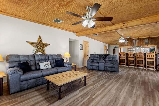 living room with visible vents, wooden ceiling, ceiling fan, and wood finished floors