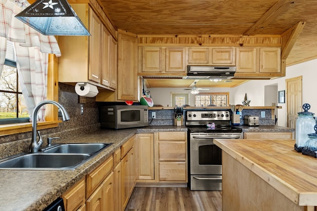 kitchen featuring a sink, wood finished floors, appliances with stainless steel finishes, wooden counters, and wood ceiling