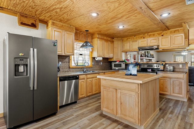 kitchen featuring light brown cabinets, a sink, appliances with stainless steel finishes, wooden counters, and wood ceiling