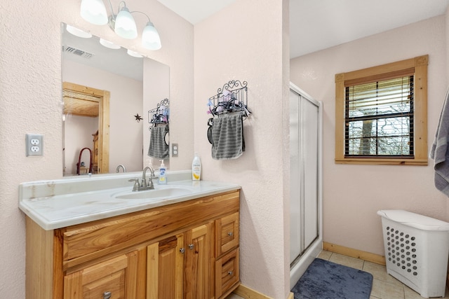 full bath featuring visible vents, a shower stall, baseboards, tile patterned floors, and vanity