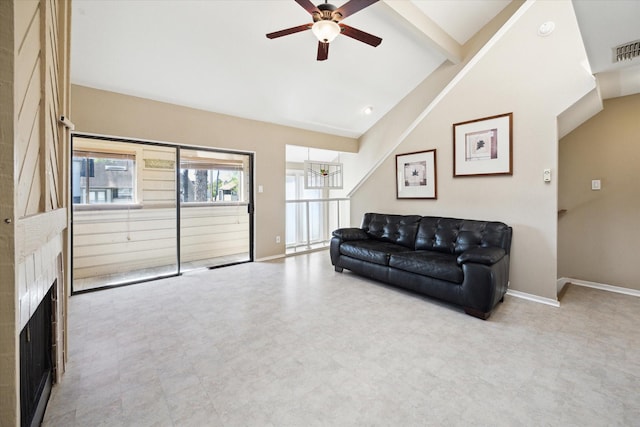 living area featuring visible vents, baseboards, vaulted ceiling with beams, a fireplace, and ceiling fan with notable chandelier
