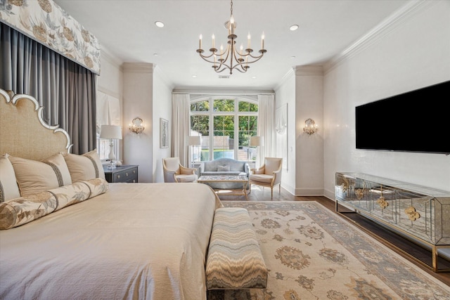 bedroom featuring ornamental molding, wood finished floors, recessed lighting, baseboards, and a chandelier