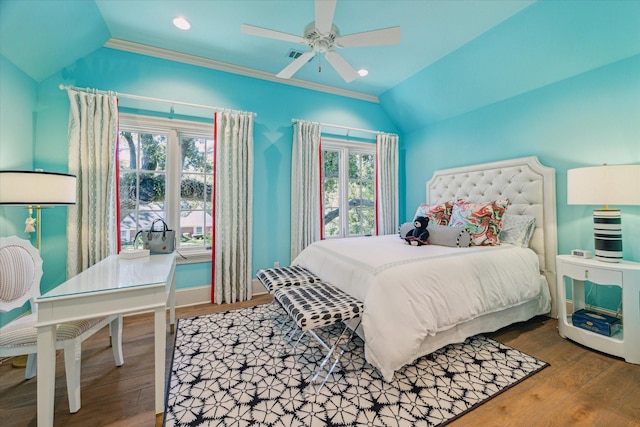 bedroom featuring recessed lighting, wood finished floors, a ceiling fan, and vaulted ceiling