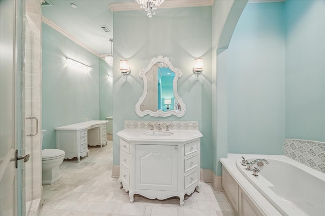 bathroom featuring vanity, a bath, visible vents, ornamental molding, and toilet