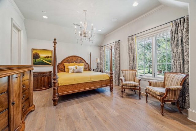 bedroom with a chandelier, recessed lighting, light wood-style floors, and vaulted ceiling