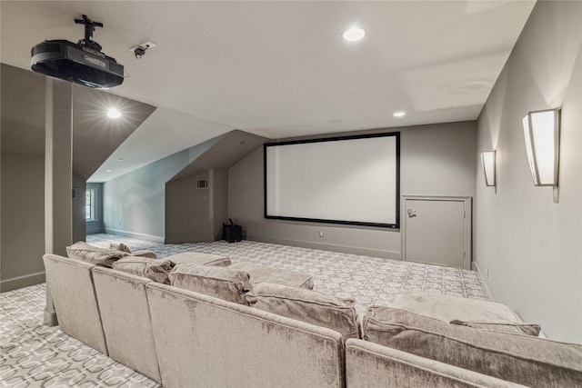 cinema featuring visible vents, baseboards, vaulted ceiling, carpet flooring, and recessed lighting