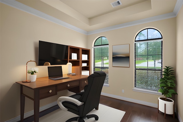 12530 Sharps Ln, Magnolia, TX 77354 - office space with a tray ceiling, dark wood-style flooring, baseboards, and crown molding