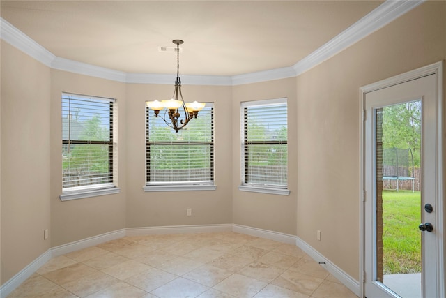 12530 Sharps Ln, Magnolia, TX 77354 - unfurnished dining area featuring a chandelier, healthy amount of natural light, ornamental molding, light tile patterned floors, and baseboards