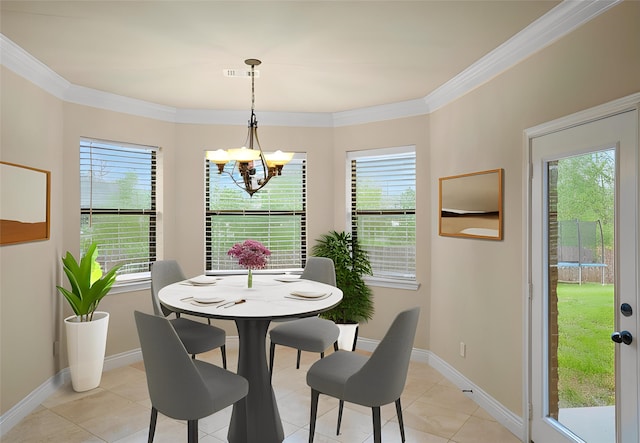 12530 Sharps Ln, Magnolia, TX 77354 - dining room featuring a chandelier, light tile patterned floors, baseboards, healthy amount of natural light, and ornamental molding