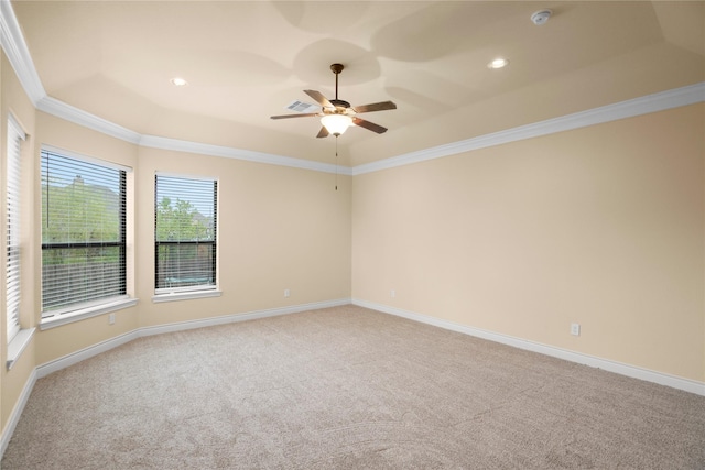 12530 Sharps Ln, Magnolia, TX 77354 - unfurnished room featuring light carpet, ceiling fan, ornamental molding, baseboards, and a smoke detector