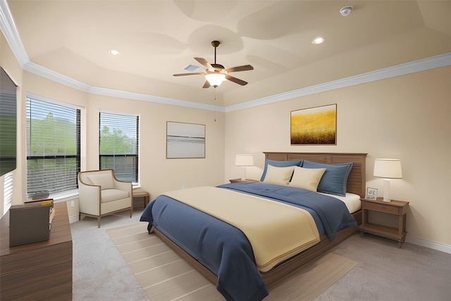 12530 Sharps Ln, Magnolia, TX 77354 - bedroom with a raised ceiling, ornamental molding, baseboards, recessed lighting, and ceiling fan