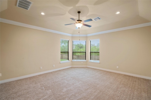 12530 Sharps Ln, Magnolia, TX 77354 - carpeted empty room with a raised ceiling, ceiling fan, baseboards, ornamental molding, and recessed lighting