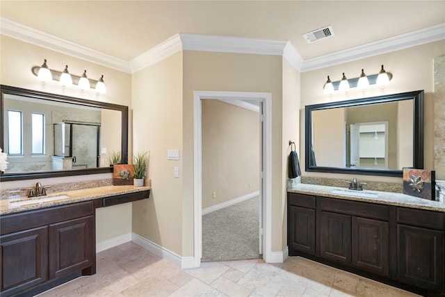 12530 Sharps Ln, Magnolia, TX 77354 - full bath featuring crown molding, two vanities, baseboards, and a stall shower