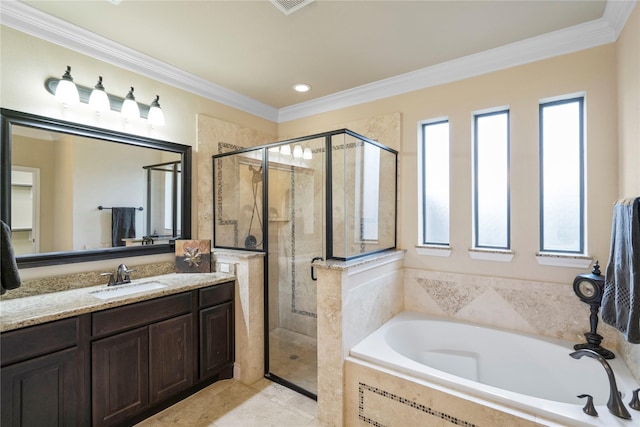12530 Sharps Ln, Magnolia, TX 77354 - bathroom with a shower stall, a garden tub, ornamental molding, vanity, and recessed lighting