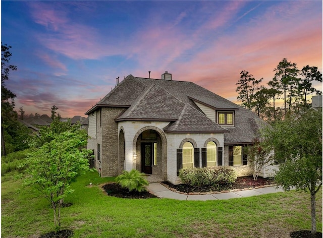 12530 Sharps Ln, Magnolia, TX 77354 - view of front of home featuring roof with shingles, a front lawn, brick siding, and a chimney