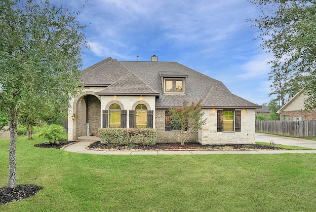 12530 Sharps Ln, Magnolia, TX 77354 - french provincial home with a shingled roof, stone siding, a chimney, and brick siding