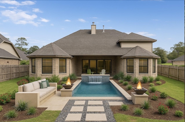 12530 Sharps Ln, Magnolia, TX 77354 - back of property featuring a fenced backyard, brick siding, a chimney, and a patio area