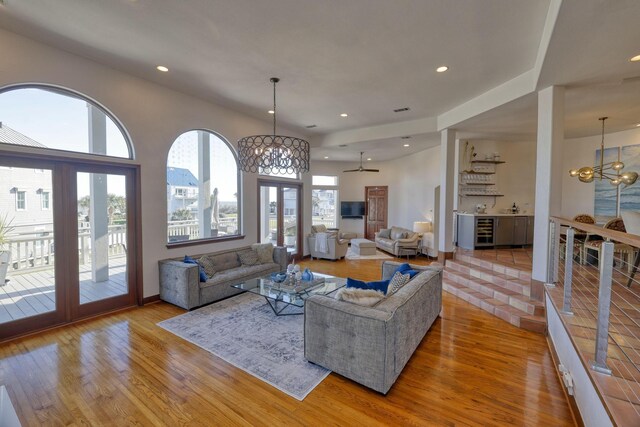 4206 Turks Pt, Galveston, TX 77554 - living room with recessed lighting, wood finished floors, and beverage cooler