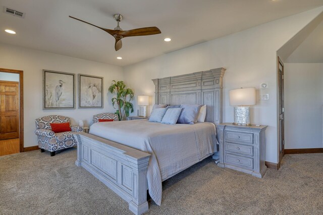 4206 Turks Pt, Galveston, TX 77554 - carpeted bedroom featuring recessed lighting, visible vents, baseboards, and ceiling fan