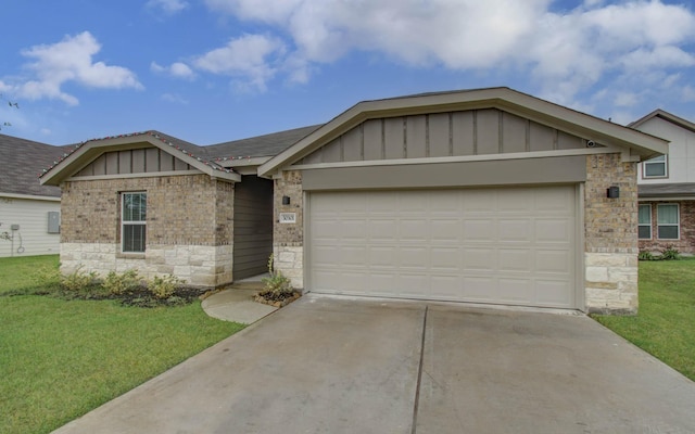 single story home with a garage, a front lawn, board and batten siding, and driveway