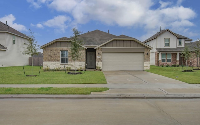 view of front facade featuring board and batten siding, a front lawn, a garage, stone siding, and driveway