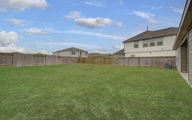 view of yard featuring central air condition unit and a fenced backyard