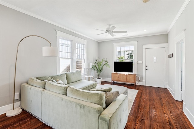 living area featuring visible vents, a ceiling fan, crown molding, baseboards, and dark wood-style flooring