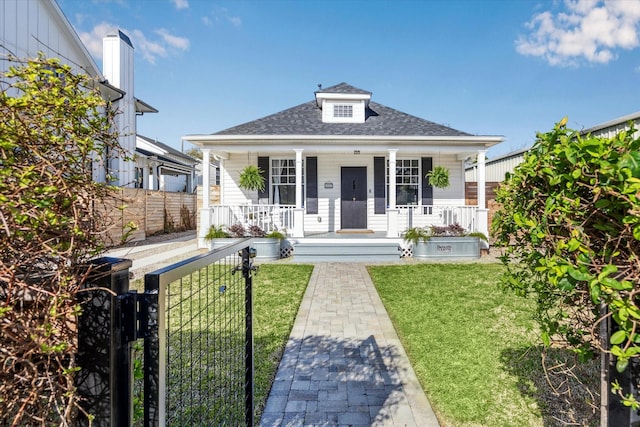 bungalow featuring a gate, fence, roof with shingles, covered porch, and a front lawn