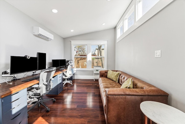 office space with a wall mounted air conditioner, dark wood-style floors, lofted ceiling, and a wealth of natural light