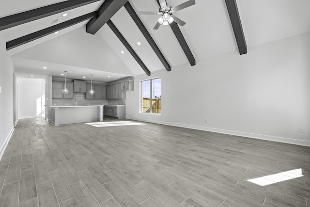 unfurnished living room featuring high vaulted ceiling, light wood-style flooring, baseboards, ceiling fan, and beam ceiling