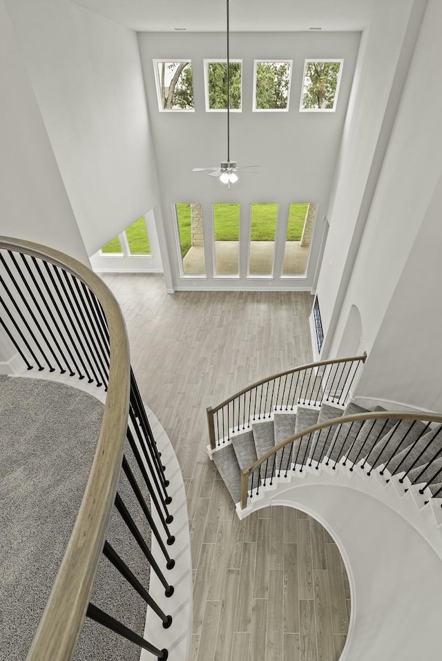 8407 Sheffields Leader, Fulshear, TX 77441 - staircase featuring wood finished floors, a ceiling fan, and a high ceiling